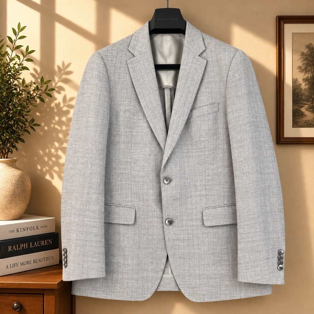 Hugo Boss Pure Linen Blazer Mens 40R Light Gray Herringbone Summer Sport Coat